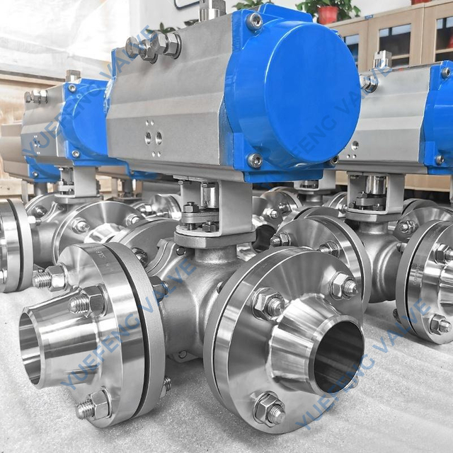 API 6D Pneumatic Actuated Flanged 3-Way Stainless Steel Ball Valve