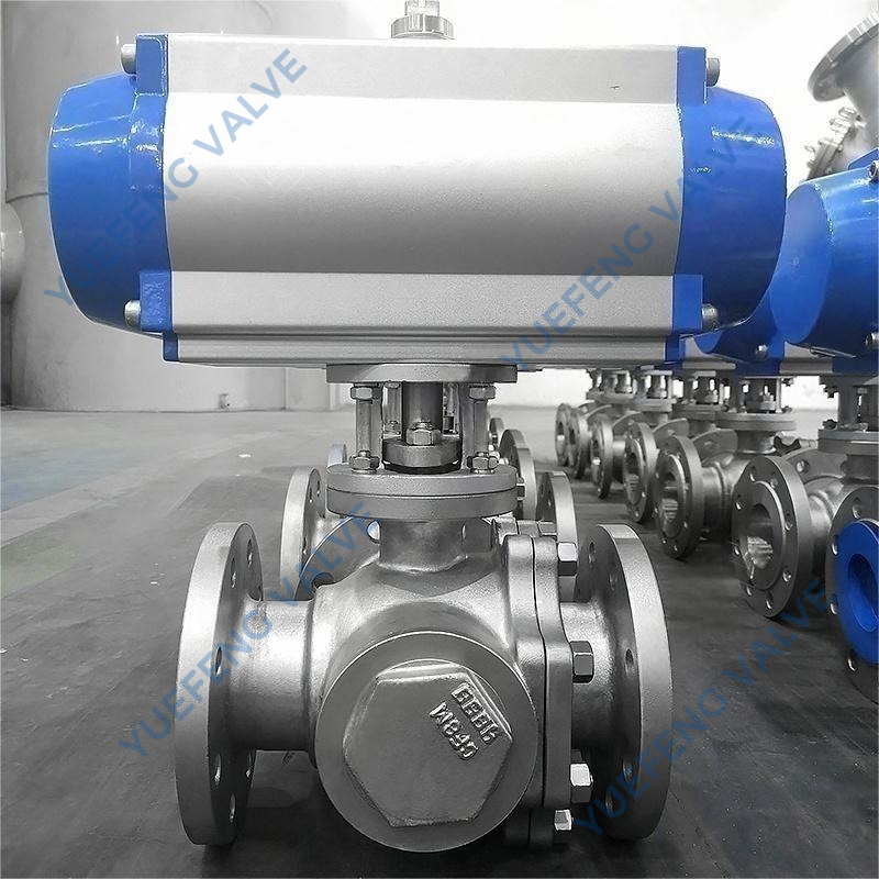 Flanged T-Port Pneumatic Actuated 3-Way Stainless Steel Ball Valve